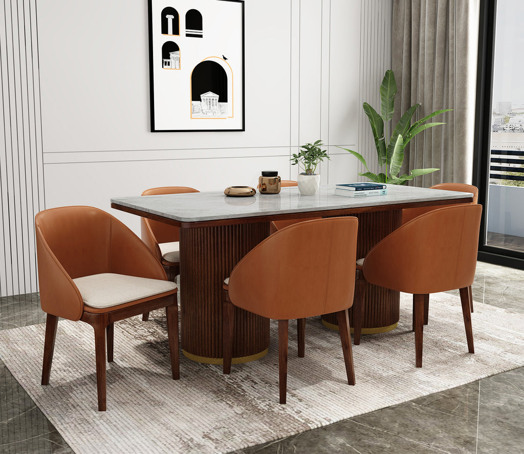 Chick Marble Top Teak Wood 6 Seater Dining Table Set