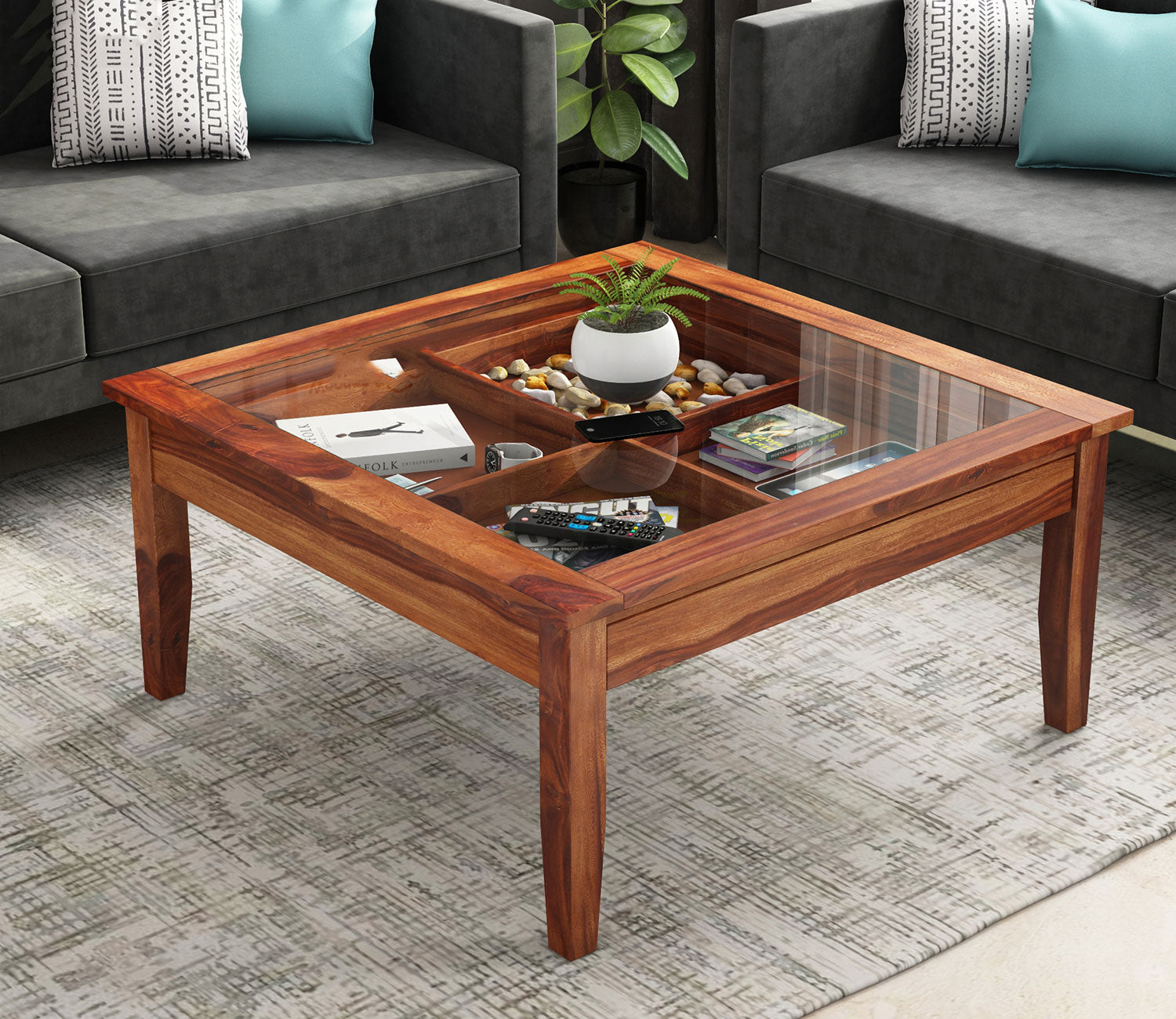 Liliana Sheesham Wood Glass Top Coffee Table with Storage
