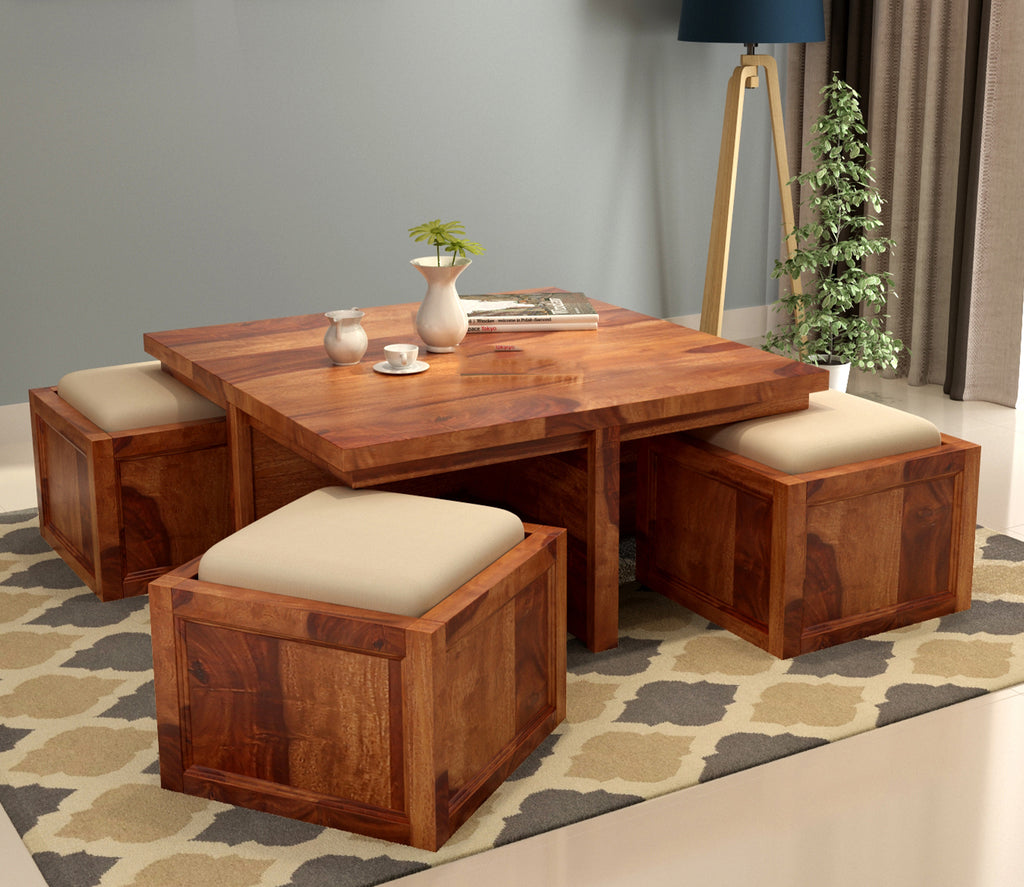 Everly Sheesham Wood Coffee Table with 4 Seating Stools