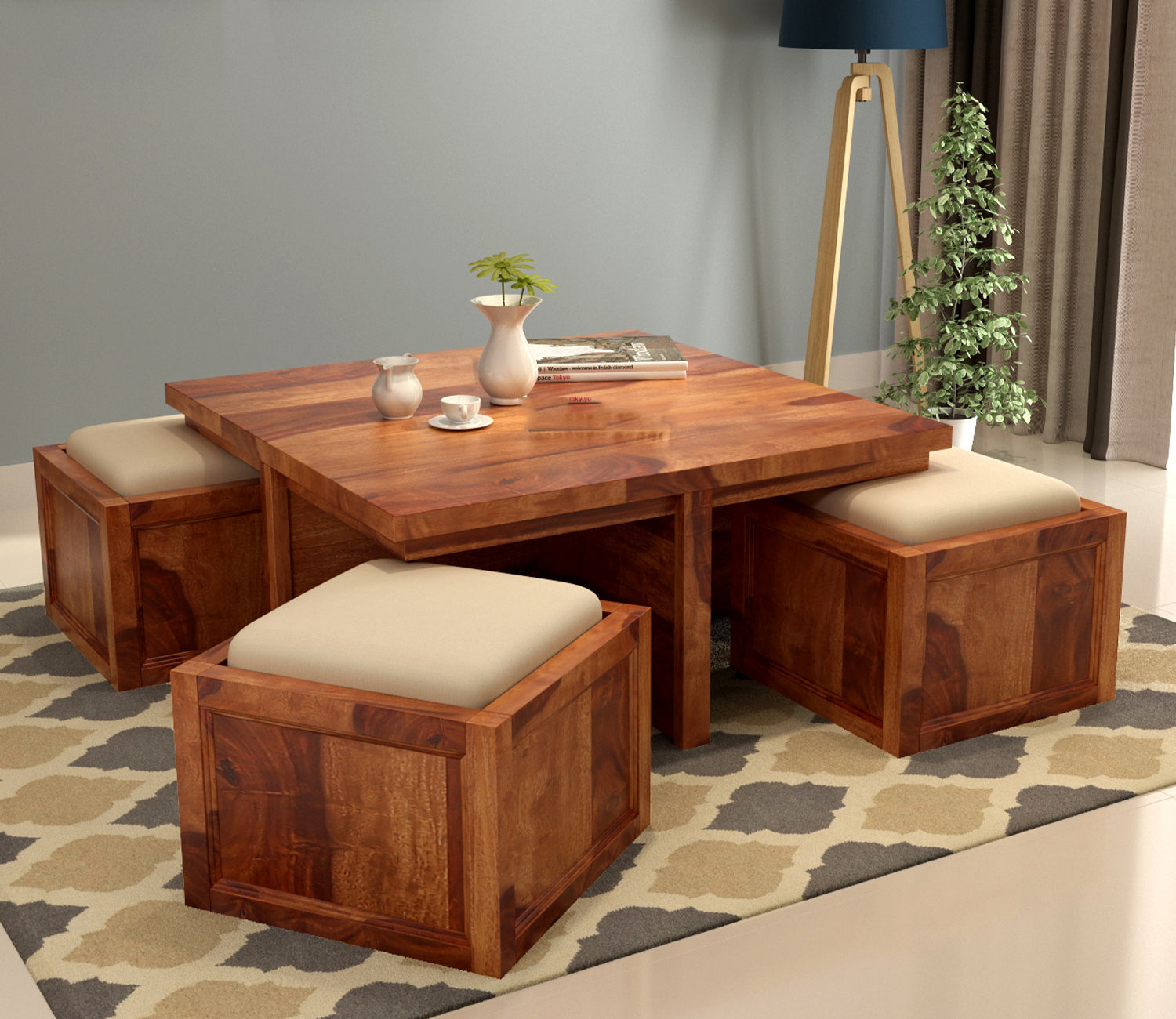 Everly Sheesham Wood Coffee Table with 4 Seating Stools