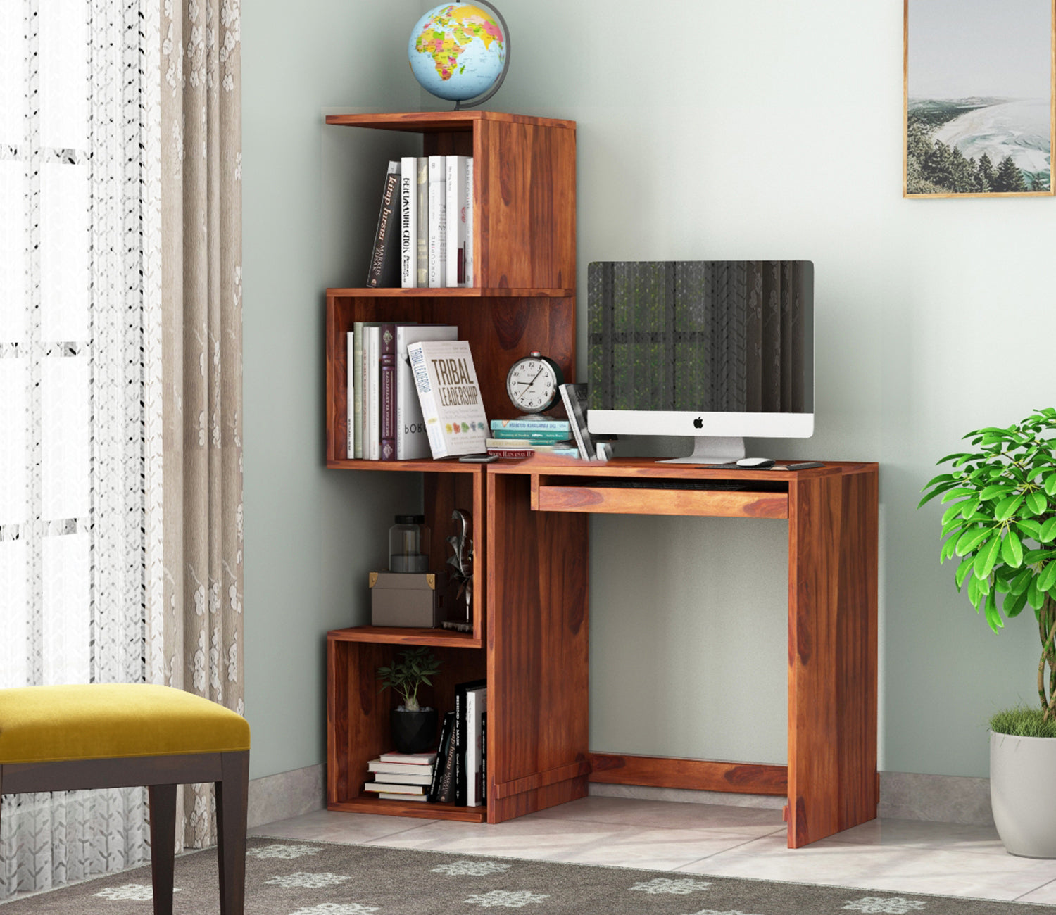 Hannah Sheesham Wood Study Table with Keyboard Tray & Bookshelf