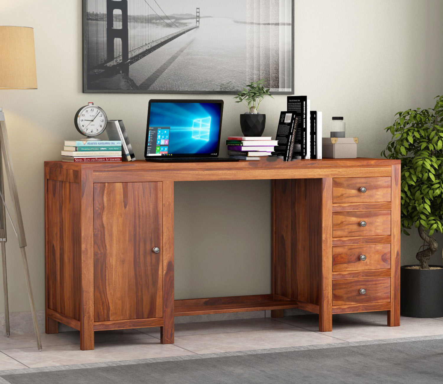 Ivy Sheesham Wood Study Table with Four Drawers & Cabinet