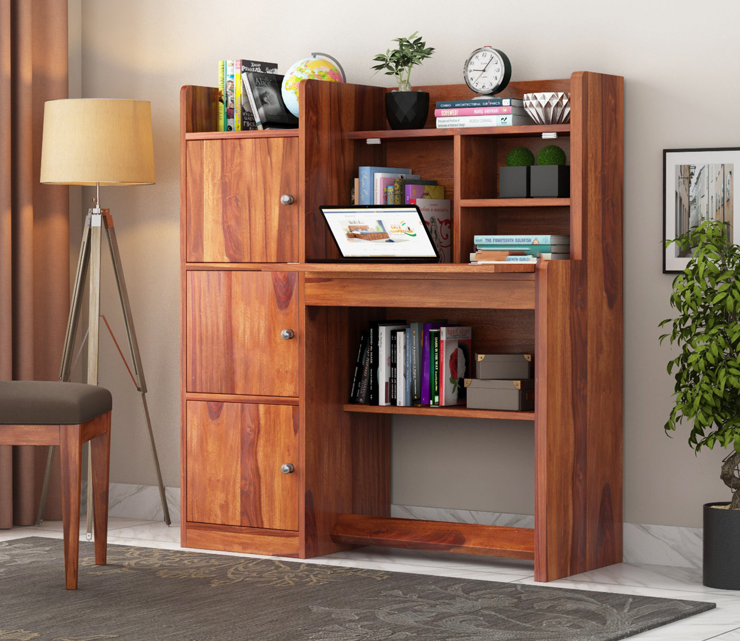 Avery Sheesham Wood Study Table with Three Cabinets & Open Shelves