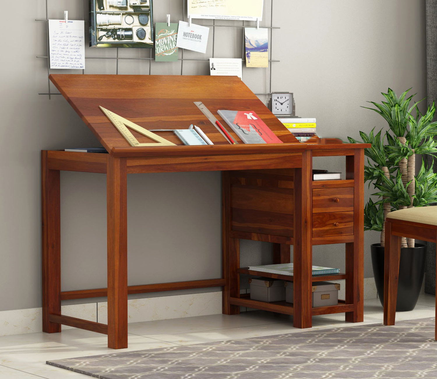 Penelope Study Cum Drafting Table with Drawer and Open Shelves