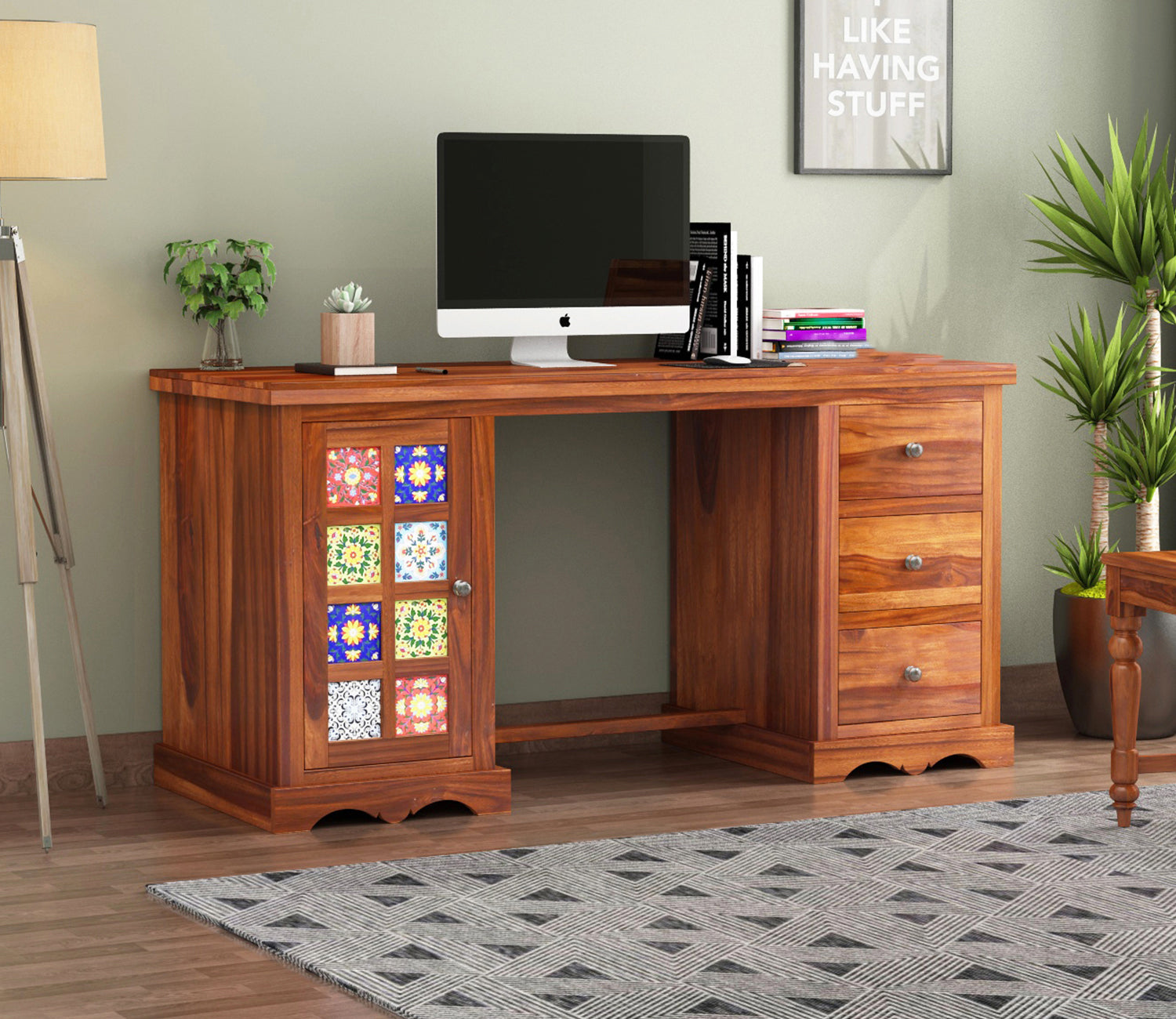 Scarlett Sheesham Wood Study Table with Three Drawers and Cabinet