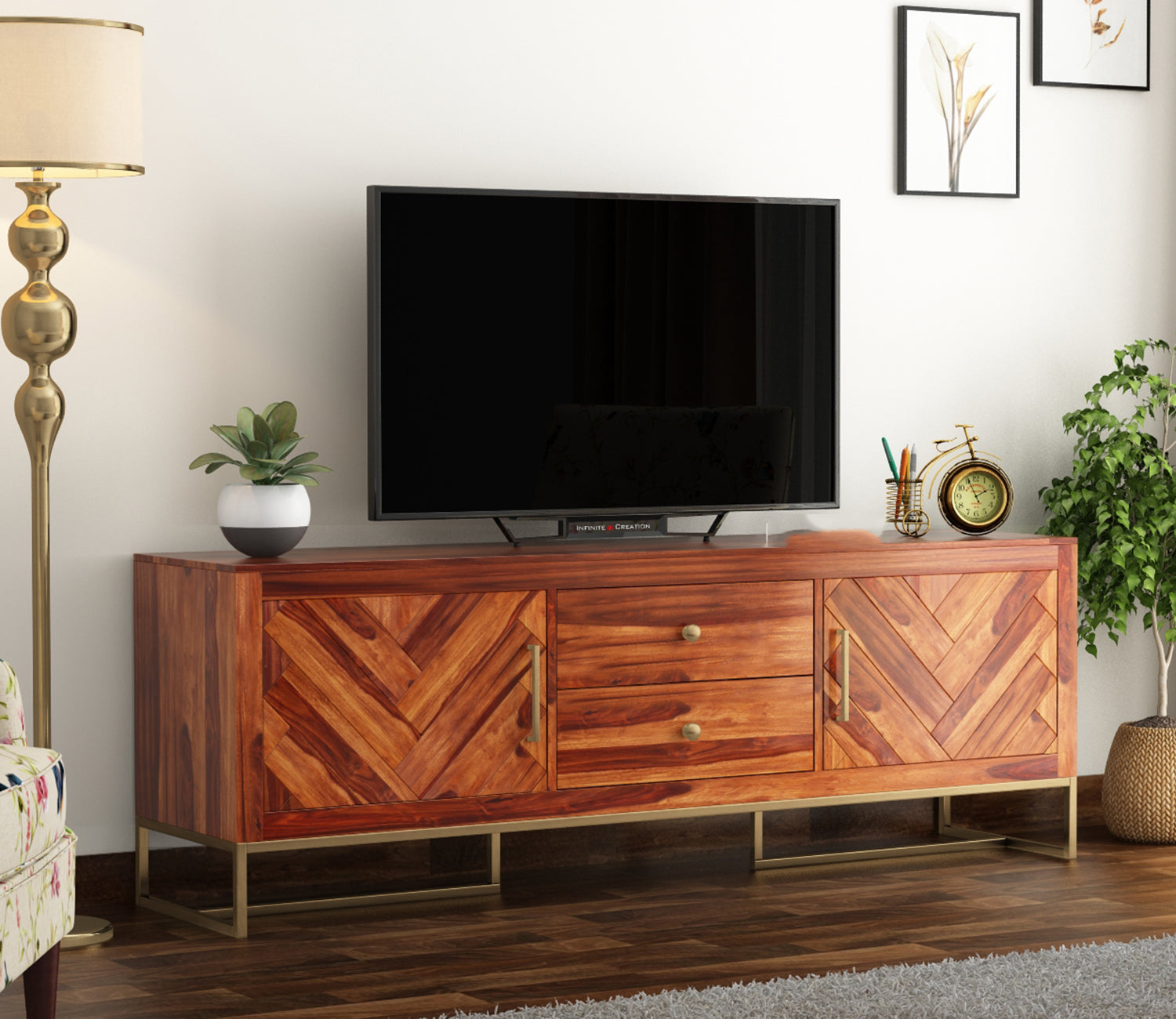 Dalton Metal Base Sheesham Wood Tv Unit with Drawers and Cabinets