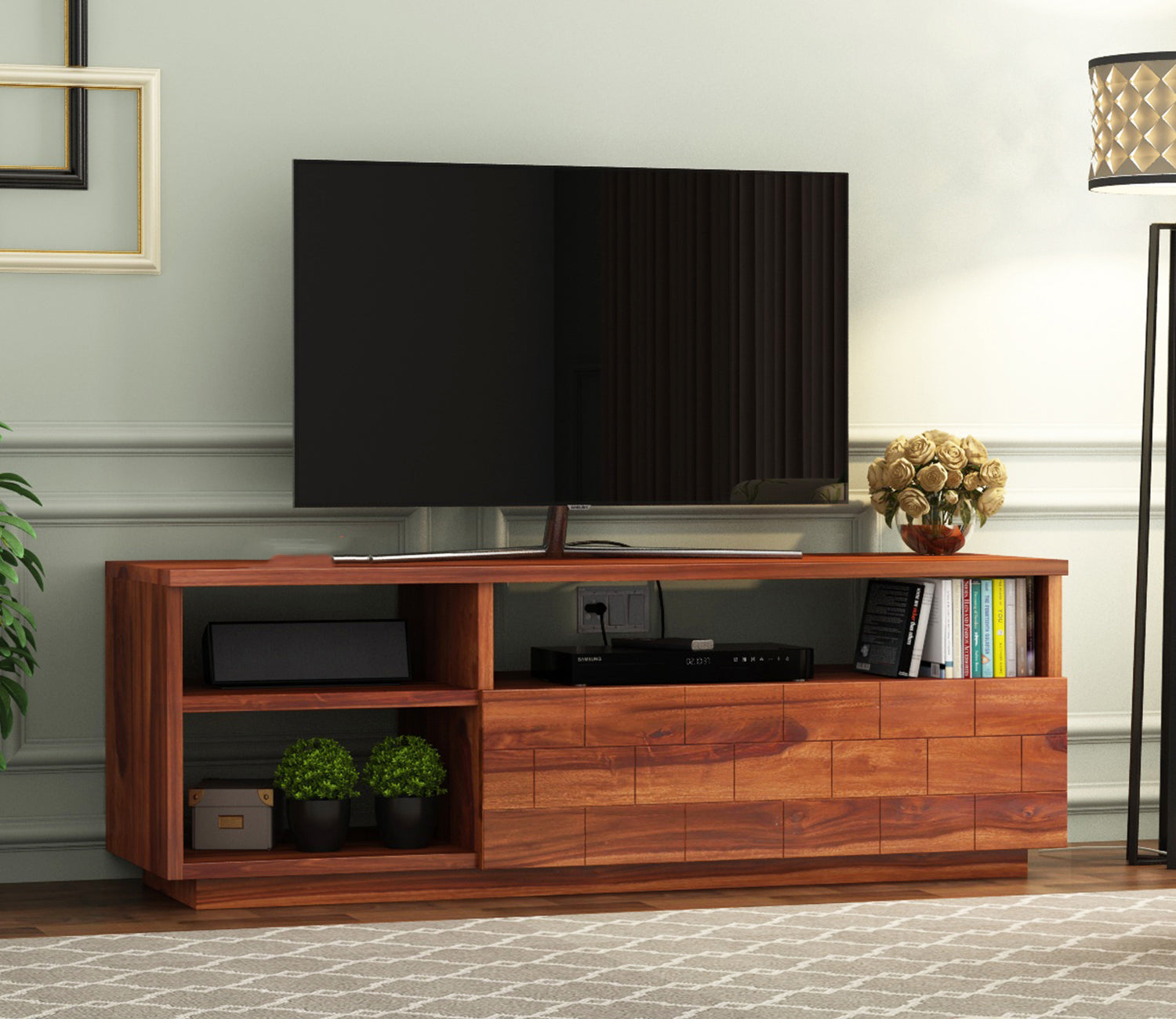Philip Sheesham Wood Tv Unit with Shelf Storage