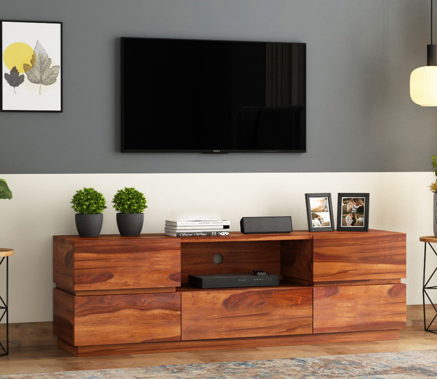 Lucca Sheesham Wood Tv Unit with Five Pull Out Drawers