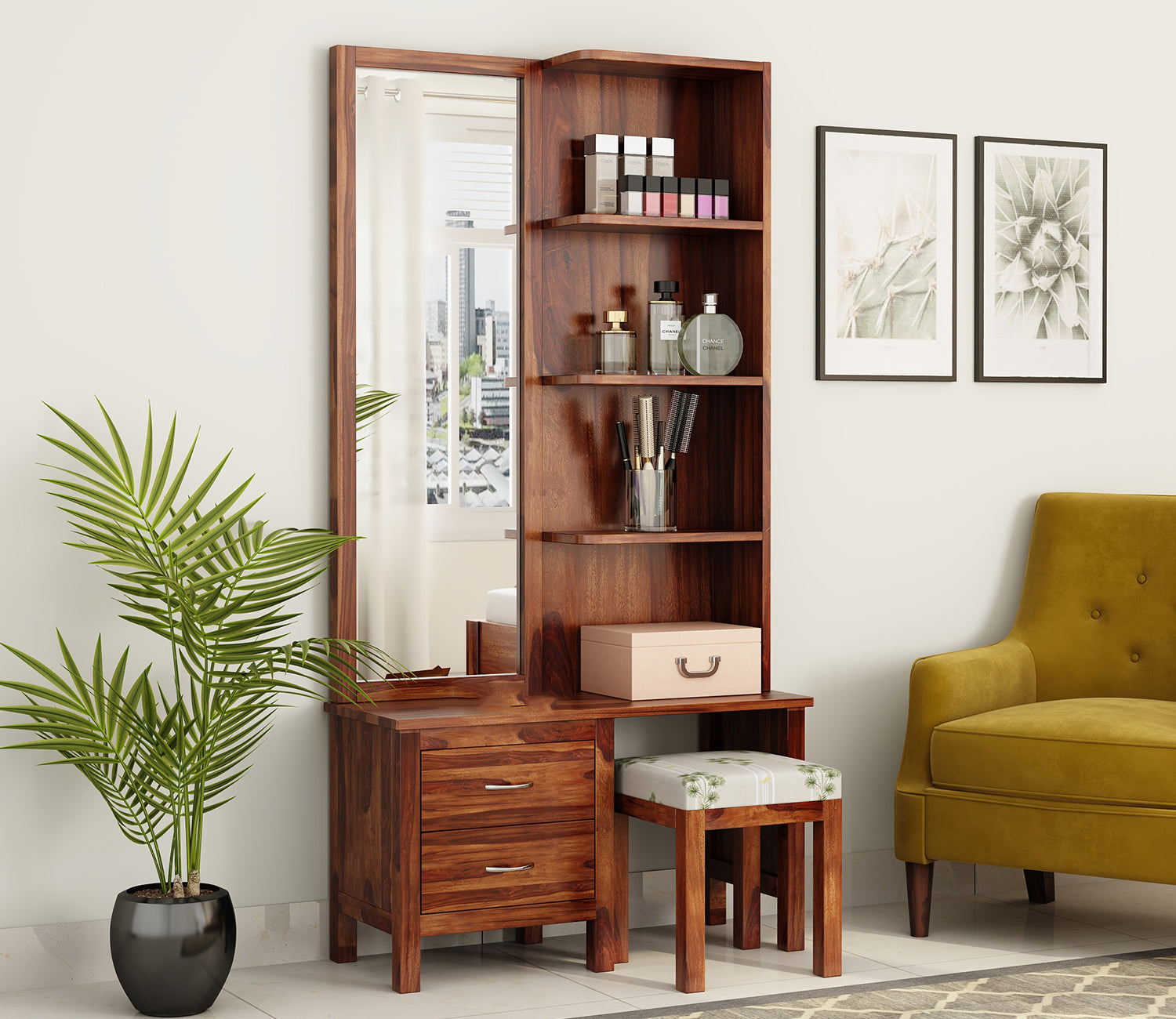 Kameron Sheesham Wood Dressing Table with Storage Drawers and Stool