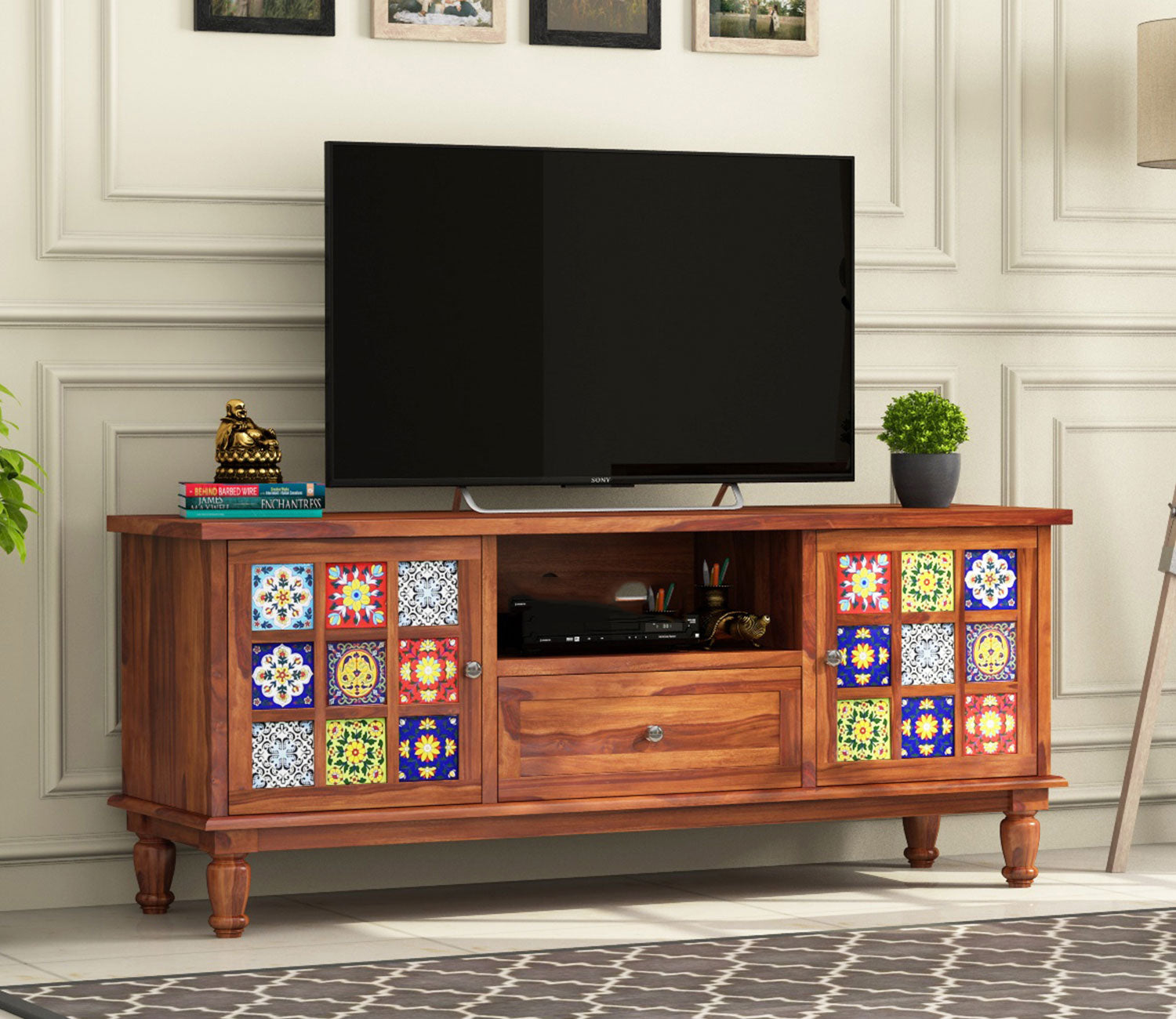 Cohen Sheesham Wood Tv Cabinet with Ceramic Tiles & Storage