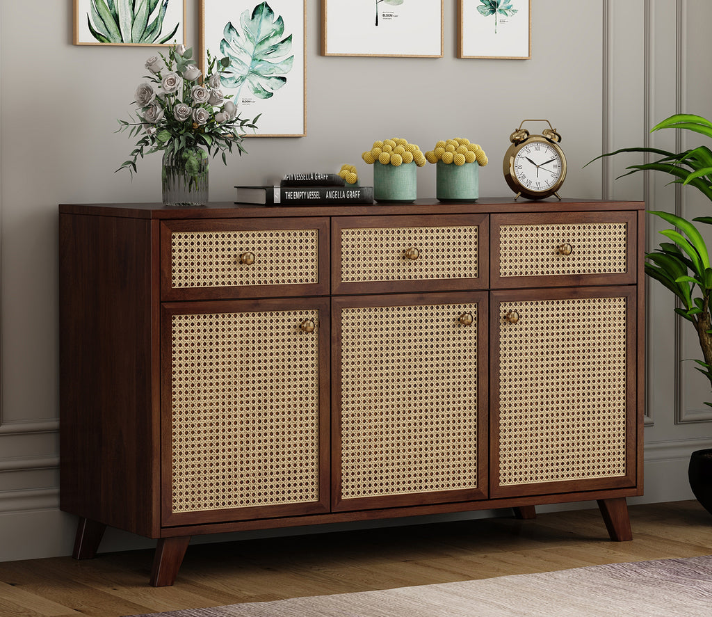 Rafael 3 Door Teak Wood and Cane Cabinets and Sideboard