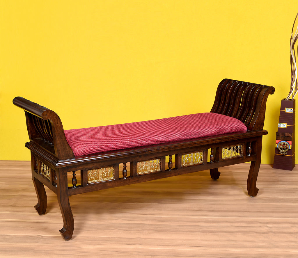 Maxwell-II Ottoman Cushioned Double Seater with Striped Wood Pattern in Walnut Finish