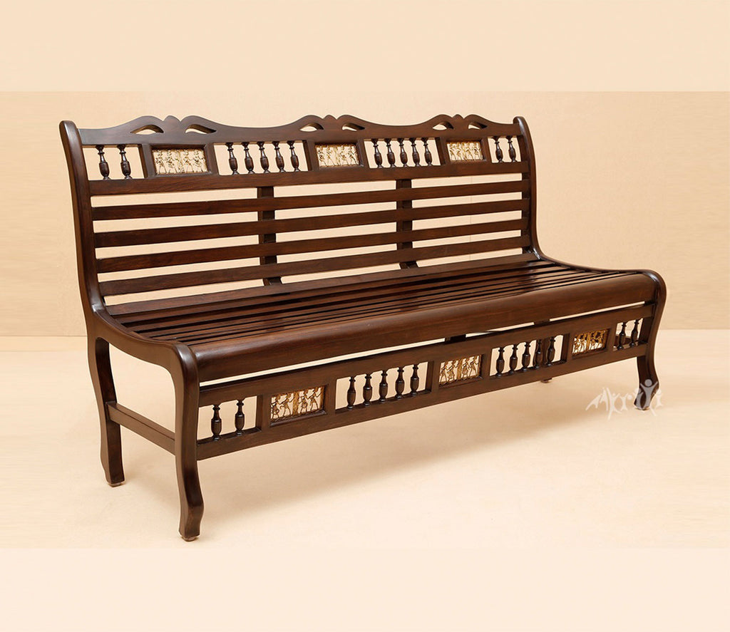 Tyler Bench Three Seater with Striped Wood Pattern in Walnut Finish