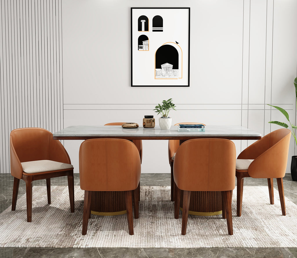 Chick Marble Top Teak Wood 6 Seater Dining Table Set