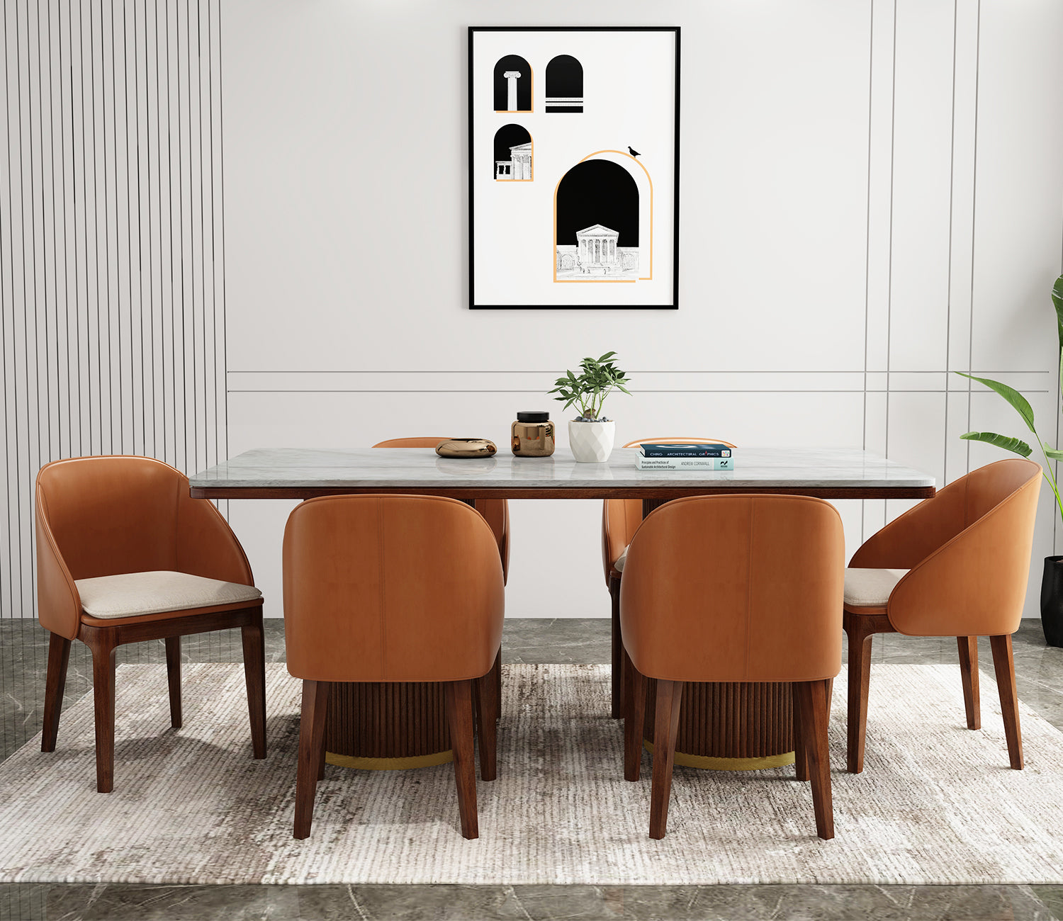 Chick Marble Top Teak Wood 6 Seater Dining Table Set