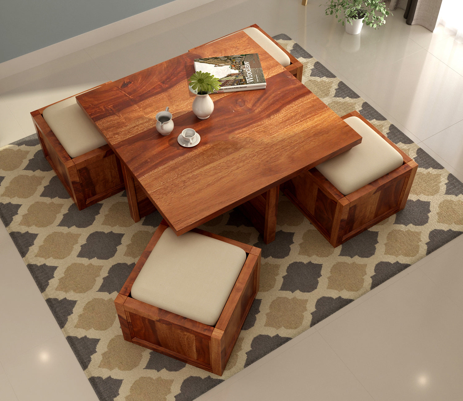 Everly Sheesham Wood Coffee Table with 4 Seating Stools