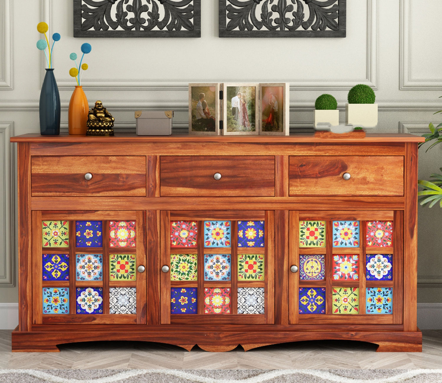 Phoenix Sheesham Wood Storage Cabinet Sideboard With Three Drawers