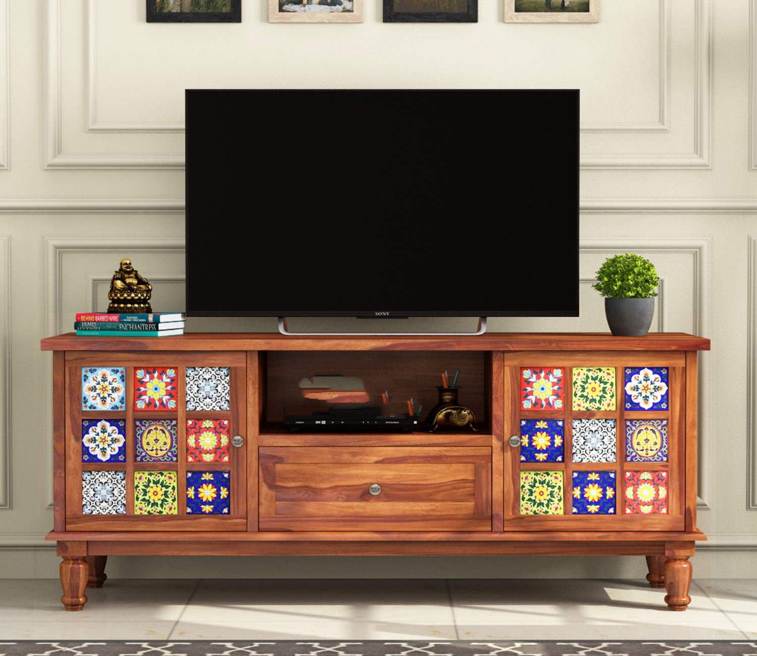 Cohen Sheesham Wood Tv Cabinet with Ceramic Tiles & Storage