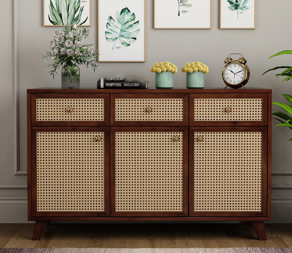 Rafael 3 Door Teak Wood and Cane Cabinets and Sideboard