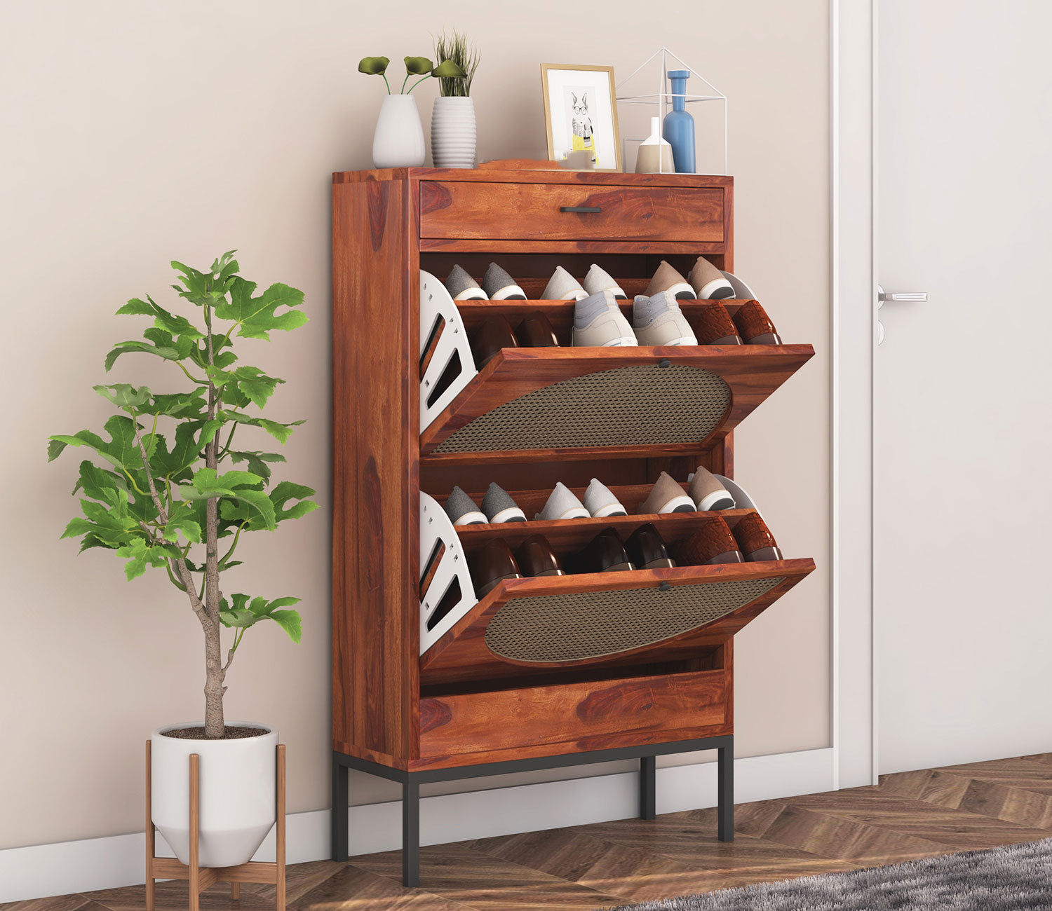 Jorge Sheesham Wood Cane Tilt Out Kids Shoe Rack