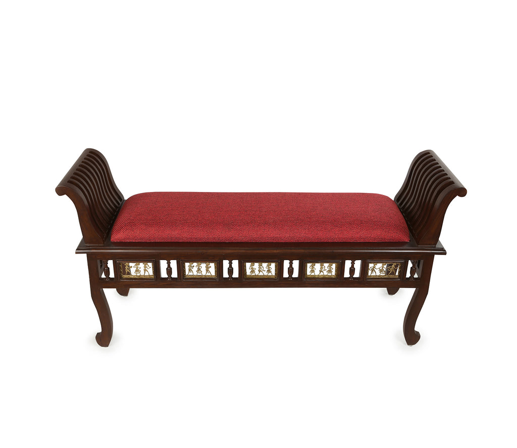 Maxwell-II Ottoman Cushioned Double Seater with Striped Wood Pattern in Walnut Finish