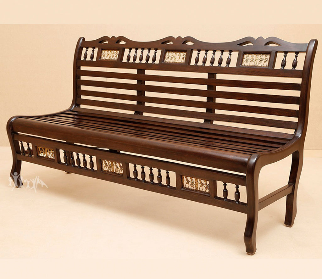 Tyler Bench Three Seater with Striped Wood Pattern in Walnut Finish
