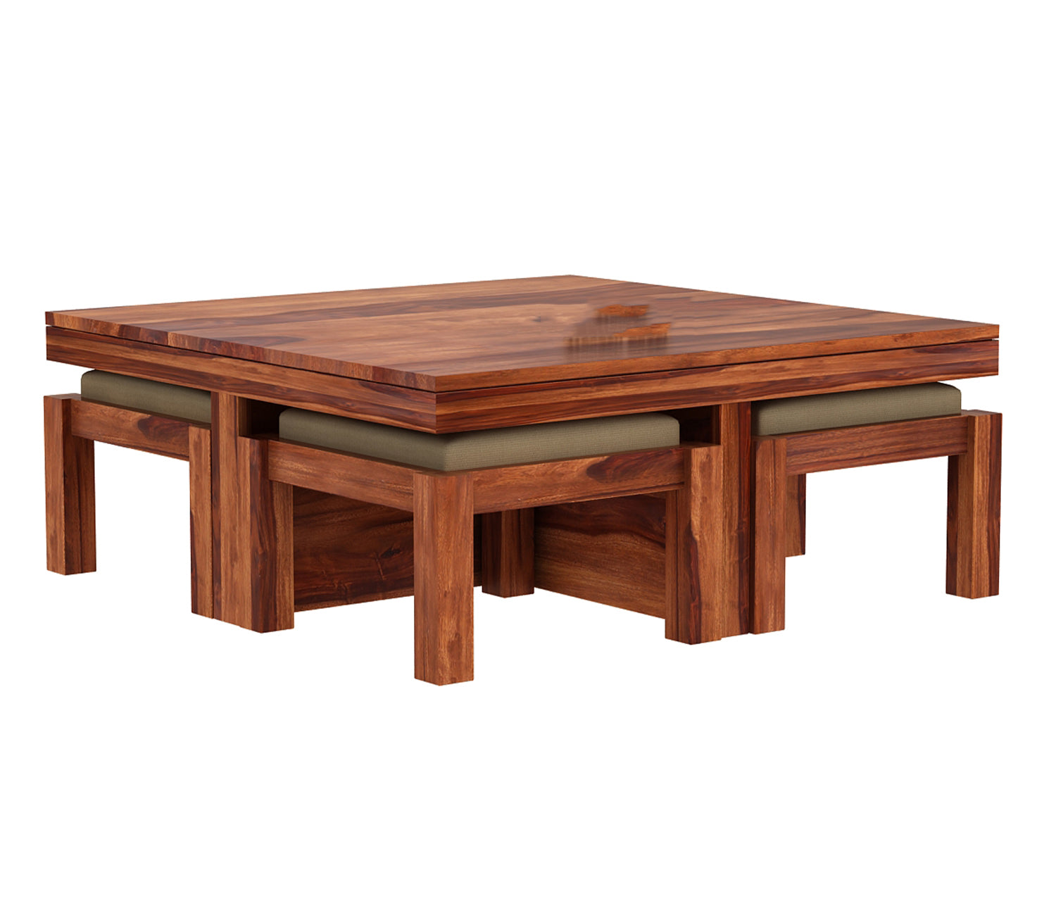 Kinsley Sheesham Wood Coffee Table with Four Cushioned Stools