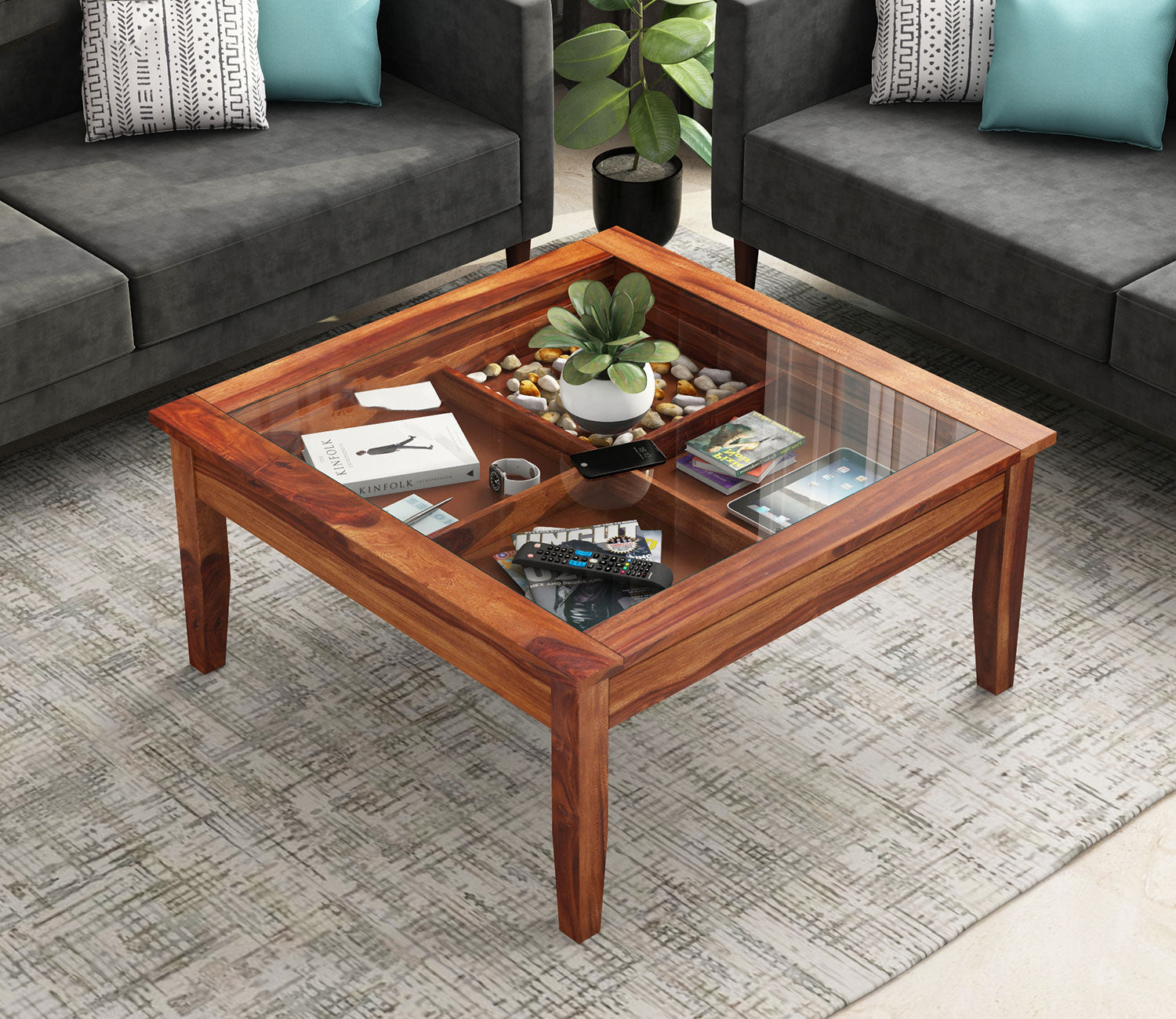 Liliana Sheesham Wood Glass Top Coffee Table with Storage