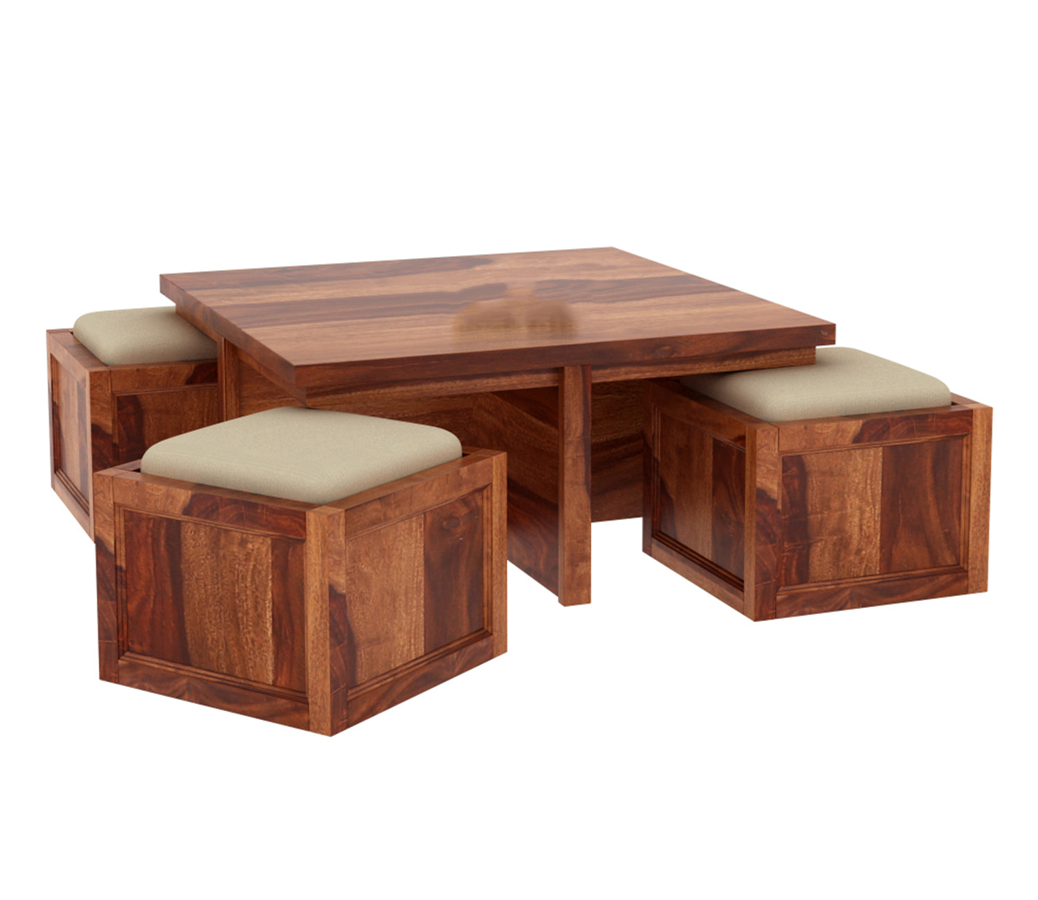 Everly Sheesham Wood Coffee Table with 4 Seating Stools
