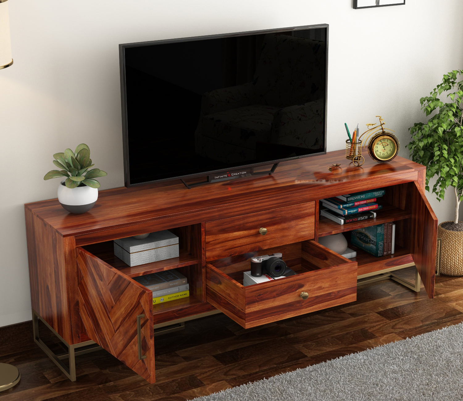 Dalton Metal Base Sheesham Wood Tv Unit with Drawers and Cabinets
