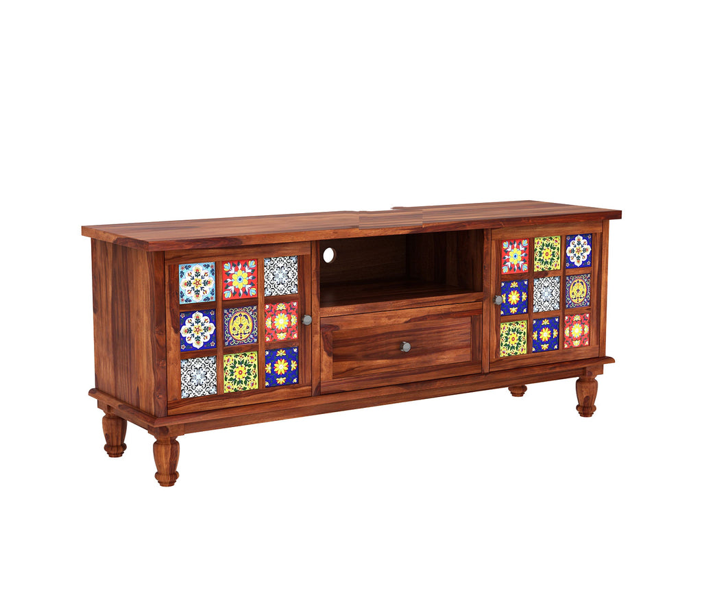 Cohen Sheesham Wood Tv Cabinet with Ceramic Tiles & Storage