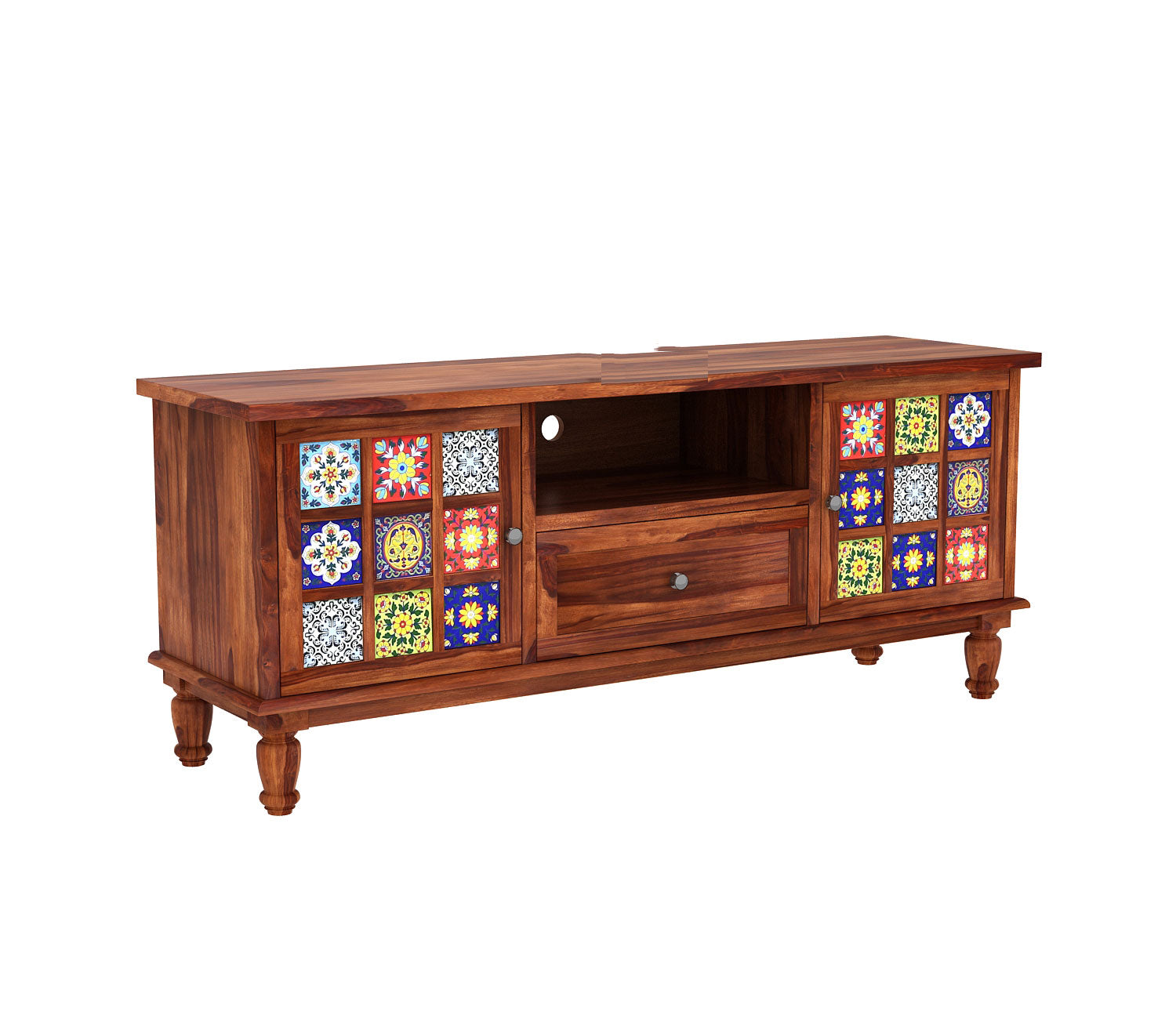 Cohen Sheesham Wood Tv Cabinet with Ceramic Tiles & Storage