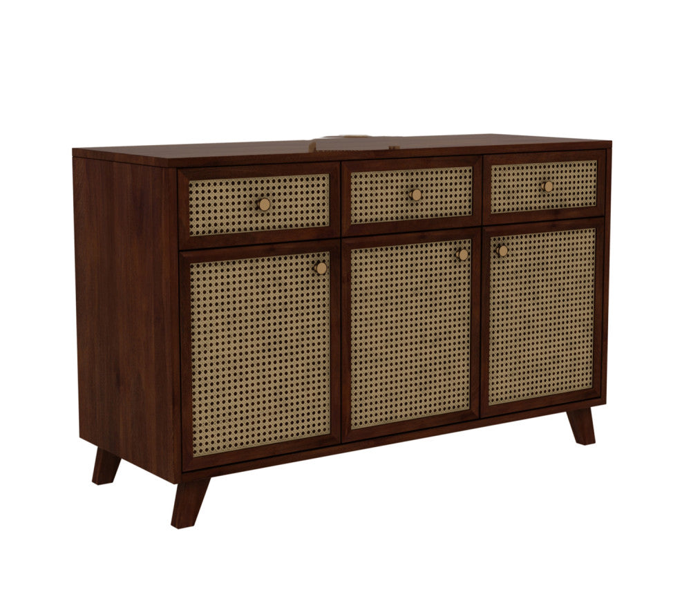 Rafael 3 Door Teak Wood and Cane Cabinets and Sideboard