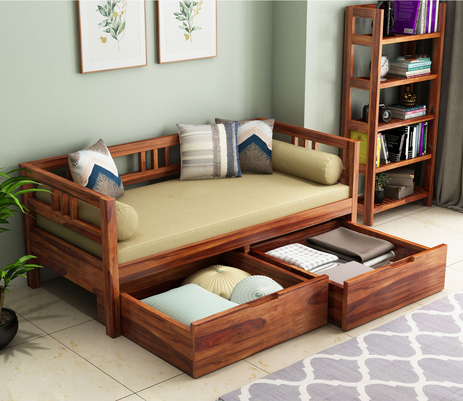 Ashton Sheesham Wood Sofa Cum Divan with Mattress