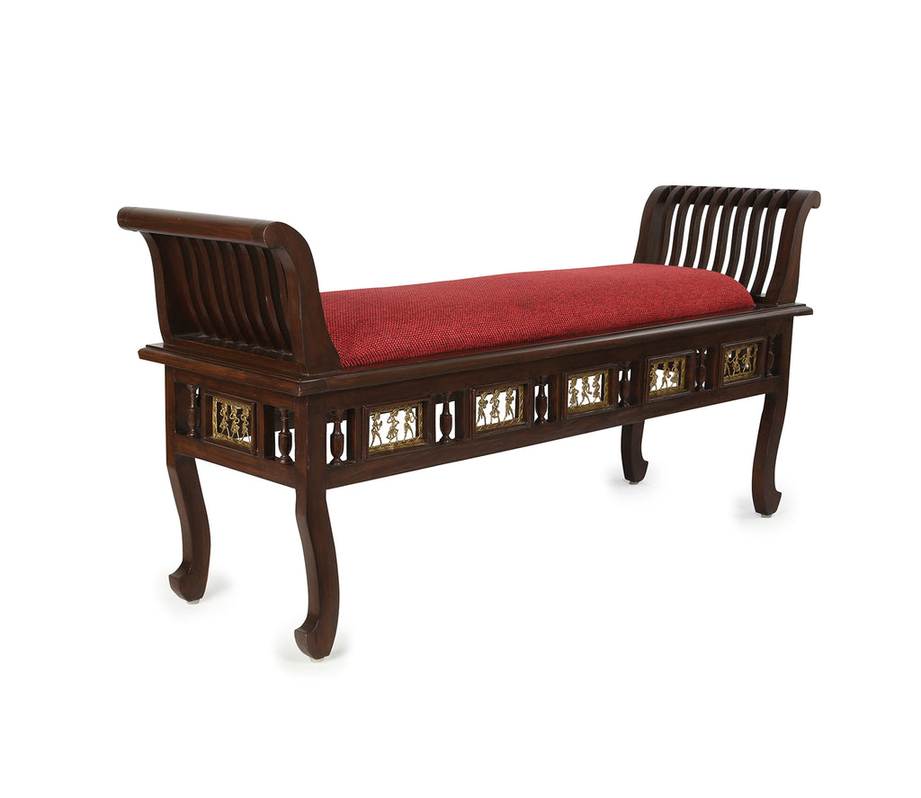 Maxwell-II Ottoman Cushioned Double Seater with Striped Wood Pattern in Walnut Finish