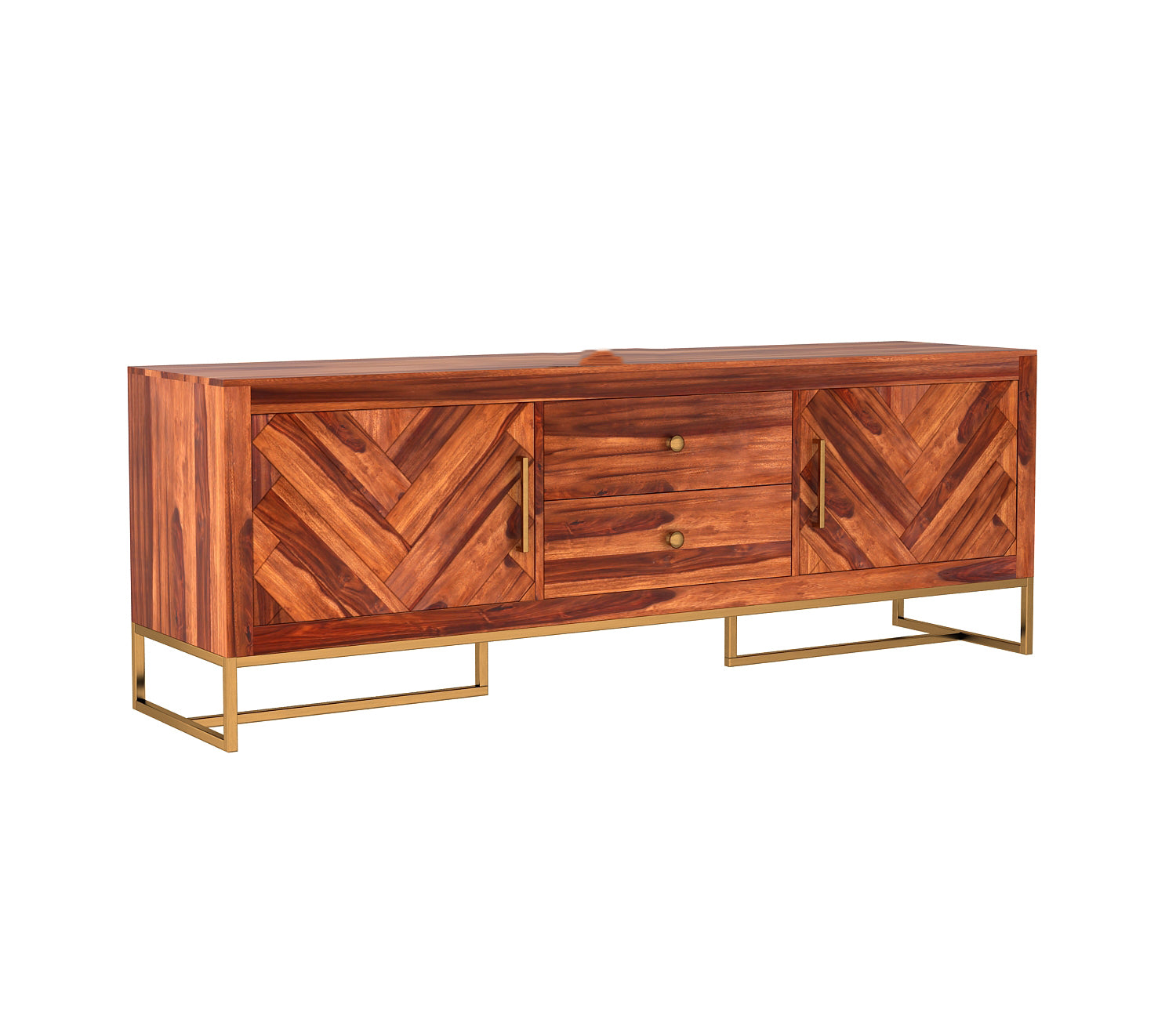 Dalton Metal Base Sheesham Wood Tv Unit with Drawers and Cabinets