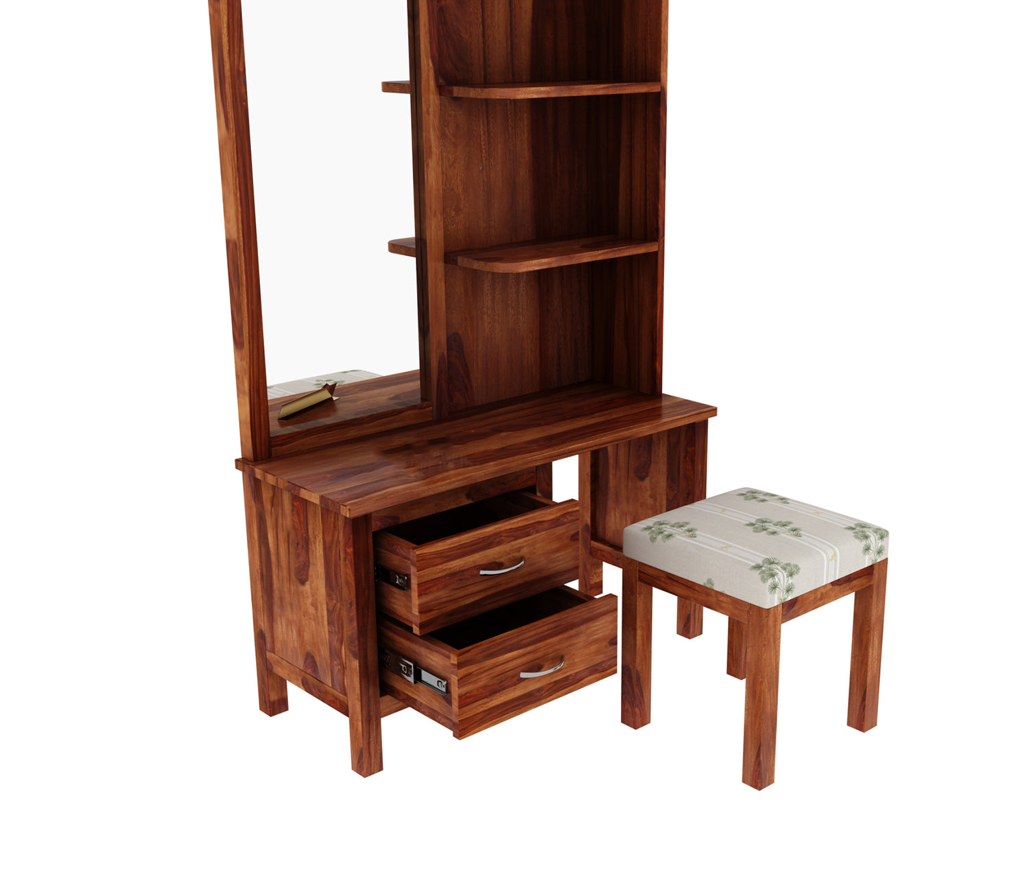 Kameron Sheesham Wood Dressing Table with Storage Drawers and Stool