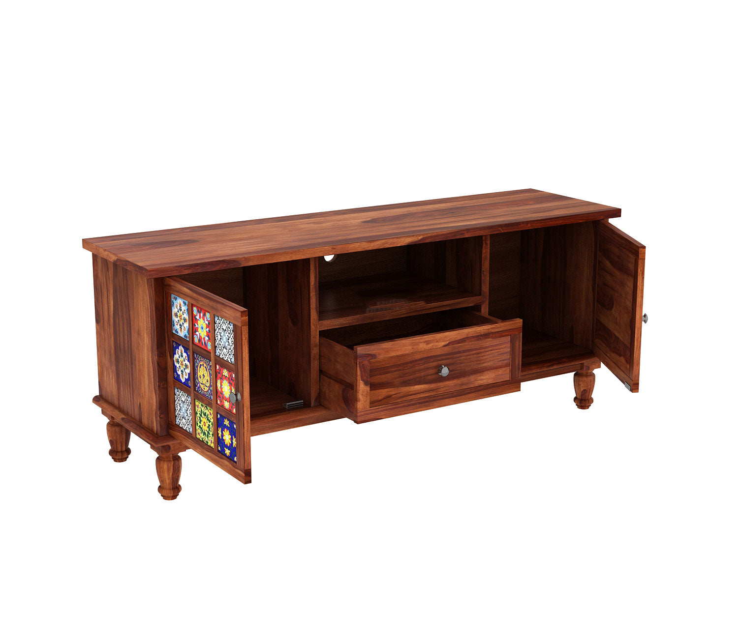 Cohen Sheesham Wood Tv Cabinet with Ceramic Tiles & Storage