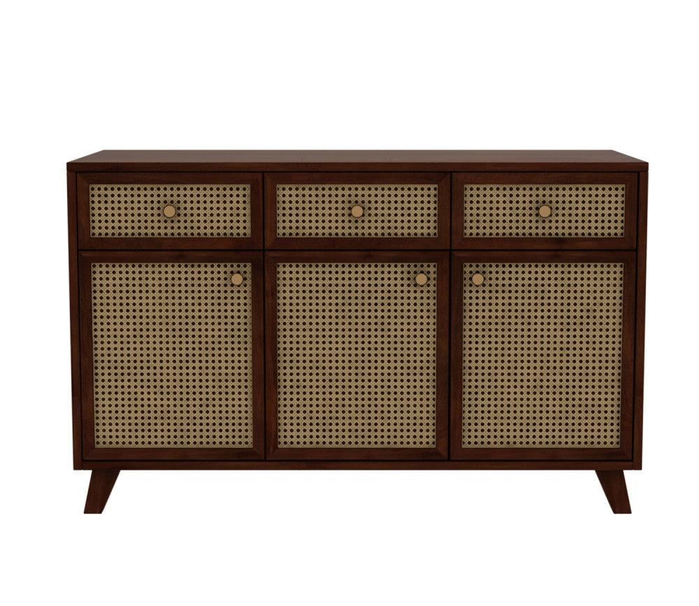 Rafael 3 Door Teak Wood and Cane Cabinets and Sideboard