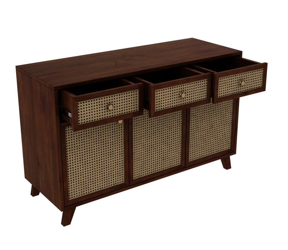 Rafael 3 Door Teak Wood and Cane Cabinets and Sideboard