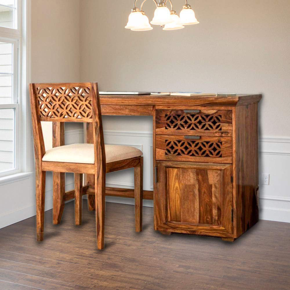Amelia-Sheesham Wood Writing Study Table with Chair Office Desk for Living Room (Walnut Finish)