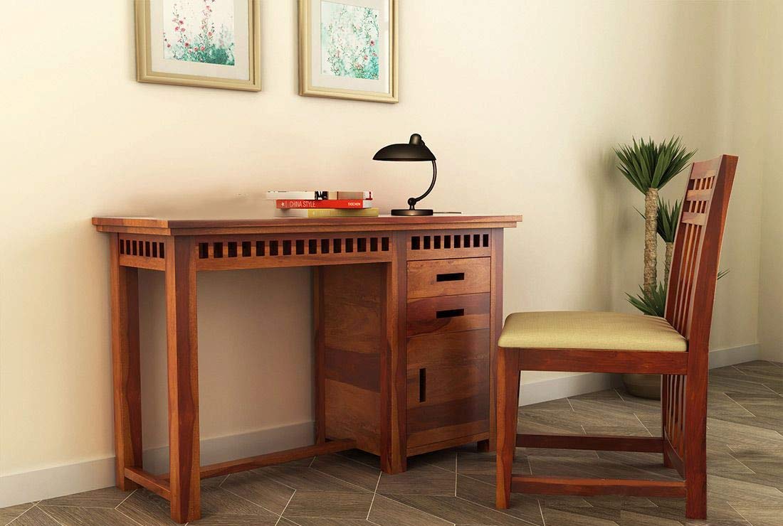 Emma Sheesham Wood Writing Study Table for Home/Study Desk for Computer/Laptop with Chair (Honey Pure)