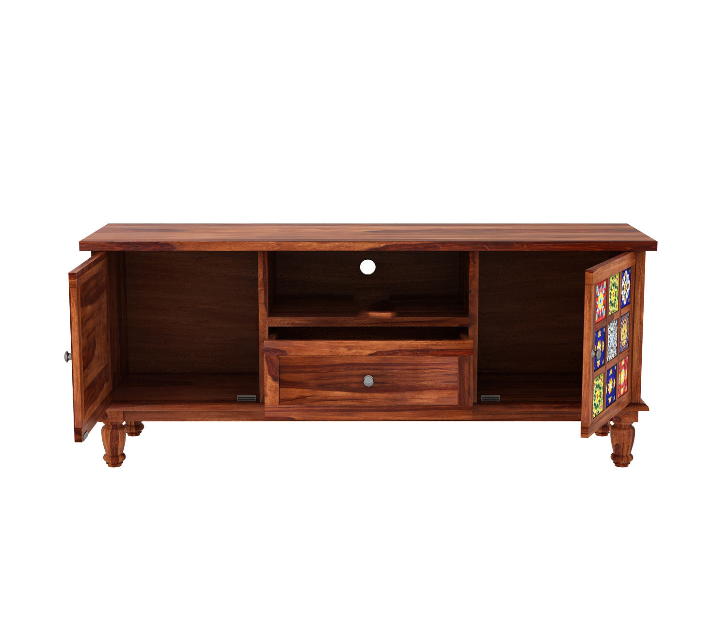 Cohen Sheesham Wood Tv Cabinet with Ceramic Tiles & Storage