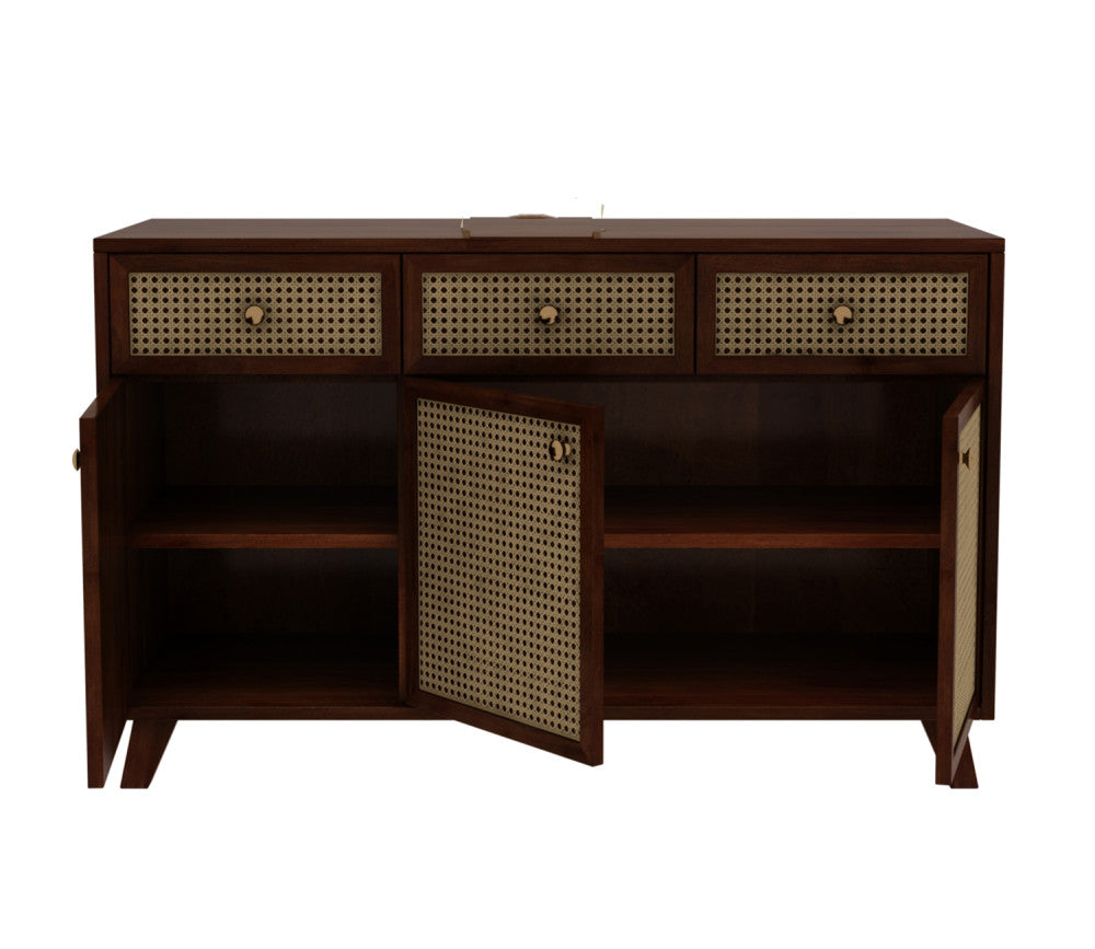 Rafael 3 Door Teak Wood and Cane Cabinets and Sideboard