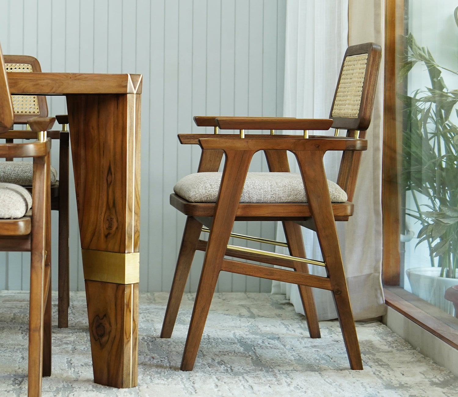 Josie Teak Wood Arm Chair with Cane - Set of 2