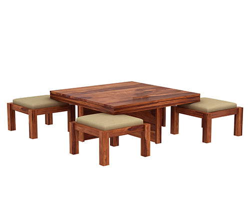 Kinsley Sheesham Wood Coffee Table with Four Cushioned Stools