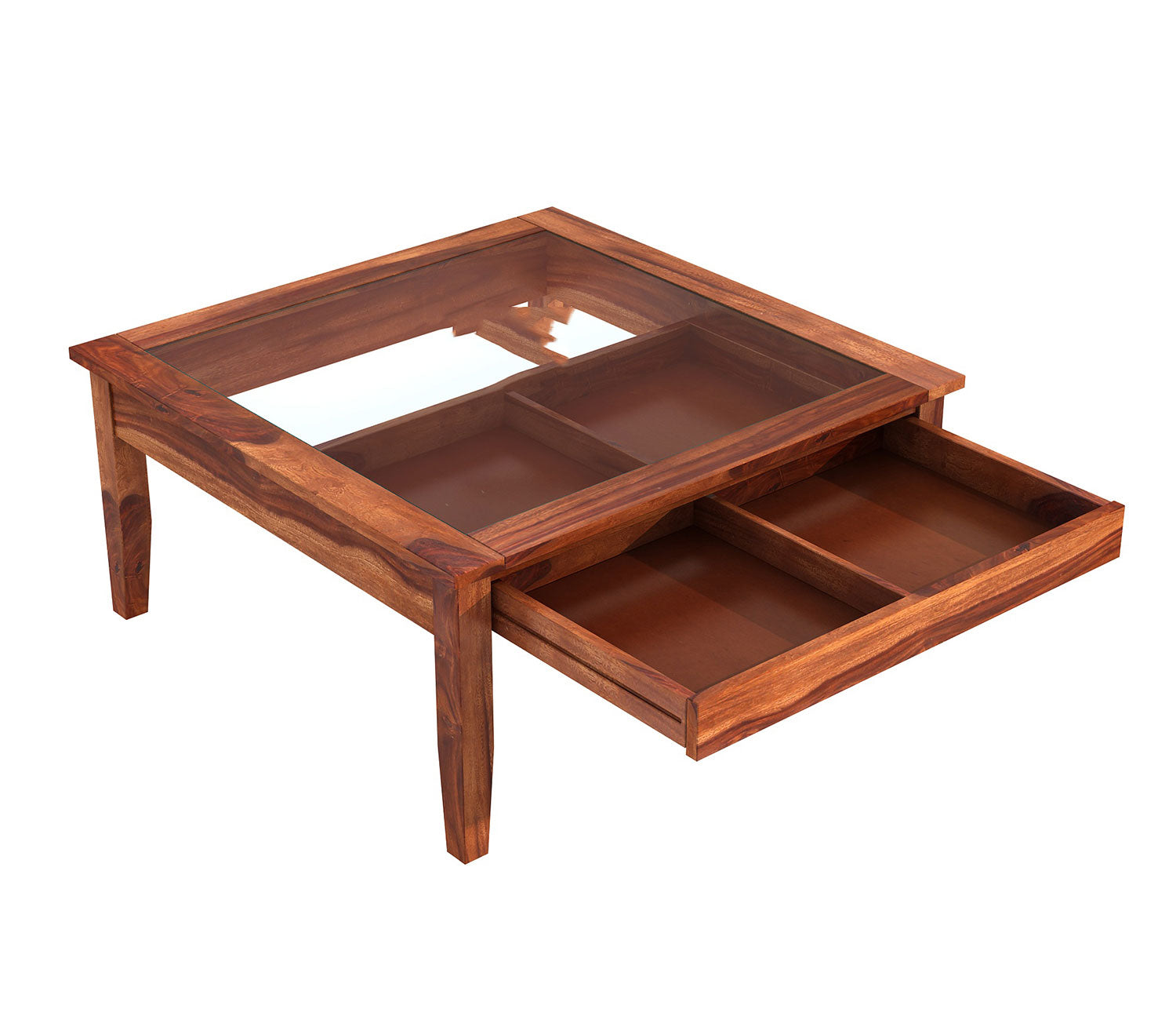 Liliana Sheesham Wood Glass Top Coffee Table with Storage