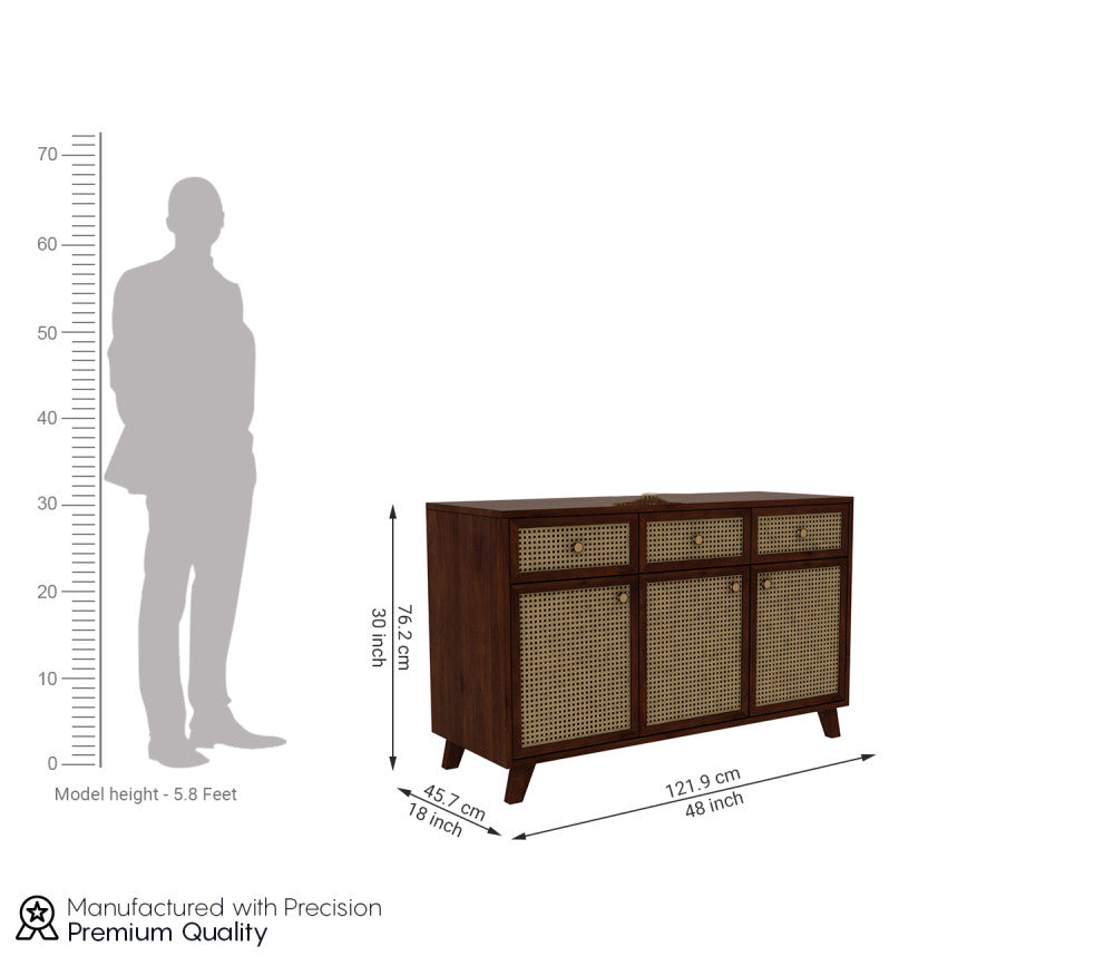 Rafael 3 Door Teak Wood and Cane Cabinets and Sideboard