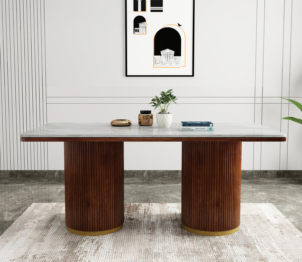 Sugarplum Marble Top Teak Wood 6 Seater Dining Table