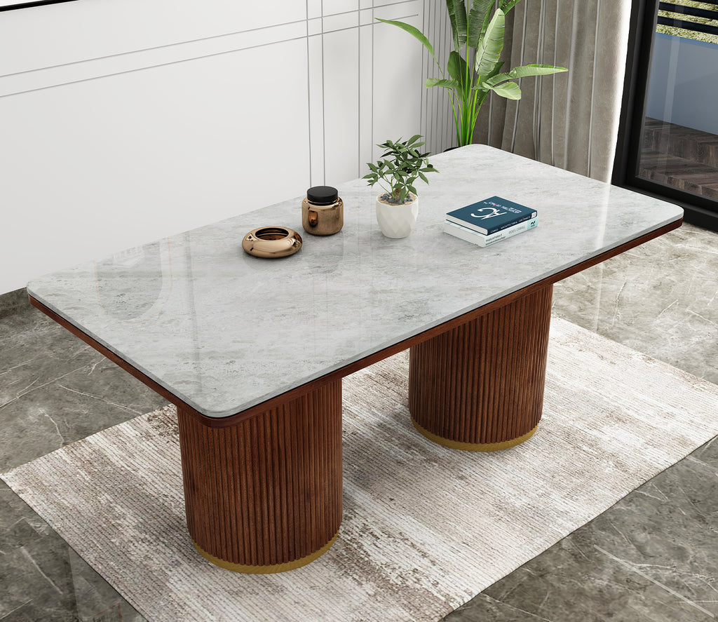 Sugarplum Marble Top Teak Wood 6 Seater Dining Table